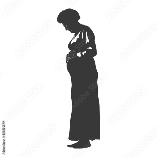 Silhouette of a pregnant woman in long dress, gentle hands on belly, simple vector.