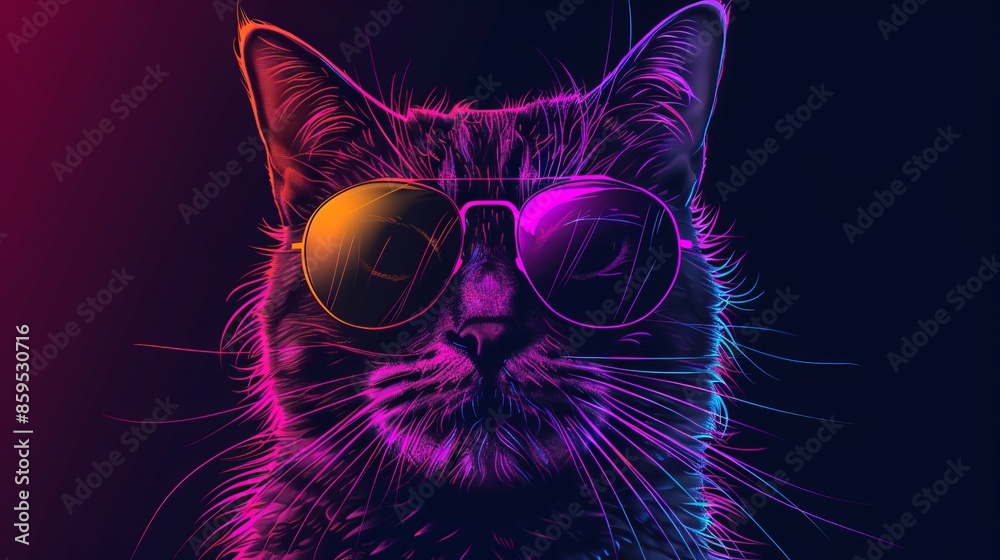 Fototapeta colorful Synthwave style cute cat with sunglasses, dark black background, Portrait, digital illustration ai art style. synthwave cat. Illustrations