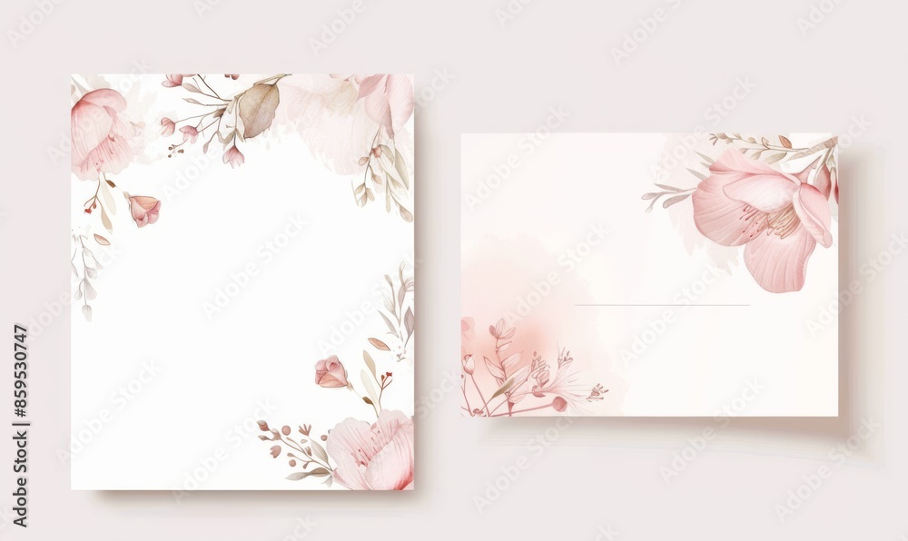 Invitation template with florals and flower for wedding, bridal shower, baby shower or birthday modern invitation. Front and back print template design. Invitation template with florals and flower for wedding, bridal shower, baby shower or birthday modern invitation. Front and back print template design.