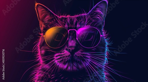 colorful Synthwave style cute cat with sunglasses, dark black background, Portrait, digital illustration ai art style. synthwave cat. Illustrations