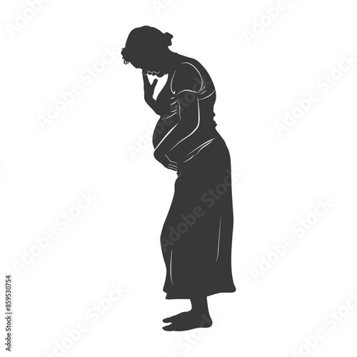 Silhouette of Weary Pregnant Woman, Hand on Head, Maternity Stress.