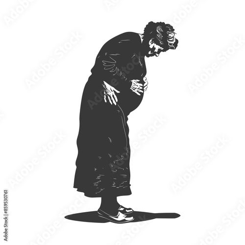 Elderly Woman in Dark Dress, Bowed Over, Hands on Stomach, Shadowed Silhouette.