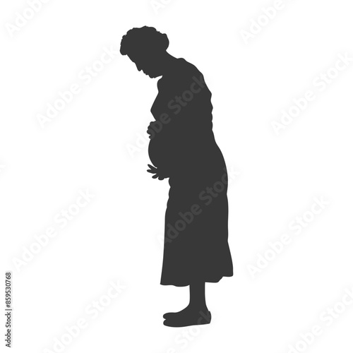 Pregnant Woman Silhouette: Maternally Gazing Down, Simple Dress, Vintage Appearance.