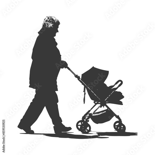 Silhouette of a Woman Pushing a Baby Stroller, Isolated.