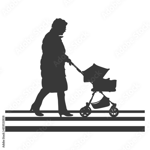 Silhouette: Elderly Woman Strolling with Stroller on Stripes.