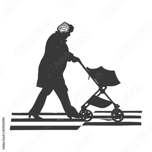 Linocut Grandmother Pushing Stroller on Zebra Crossing, Stylized Silhouette Art
