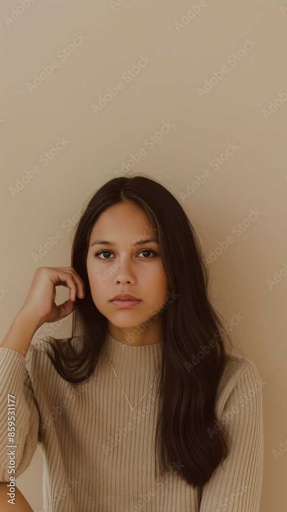 A young woman with long brown hair looks directly at the camera, wearing a beige sweater A young woman with long brown hair looks directly at the camera, wearing a beige sweater