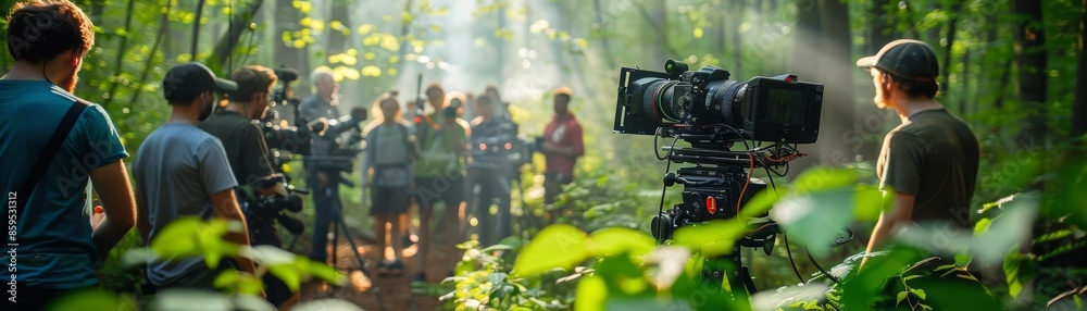 Behind the scenes of a film set with crew and equipment in a forest location Behind the scenes of a film set with crew and equipment in a forest location