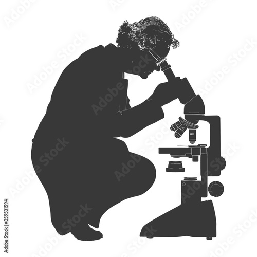Squatting Scientist Silhouette: Microscope Focus, Lab Work