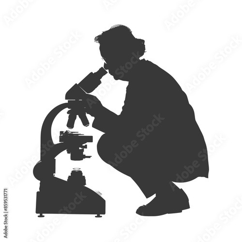 Squatting Scientist: Silhouette of Researcher with Microscope