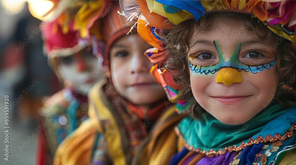 Three children in colorful costumes and face paint smile brightly at the camera. Three children in colorful costumes and face paint smile brightly at the camera.