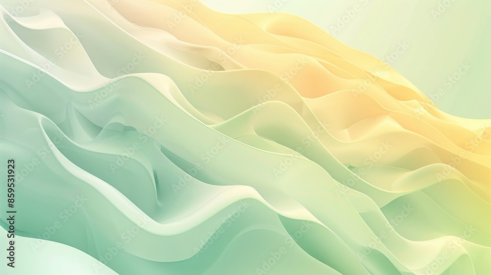 Fototapeta premium Gentle pastel gradient fluid waves in shades of green and yellow creating a soft abstract background.