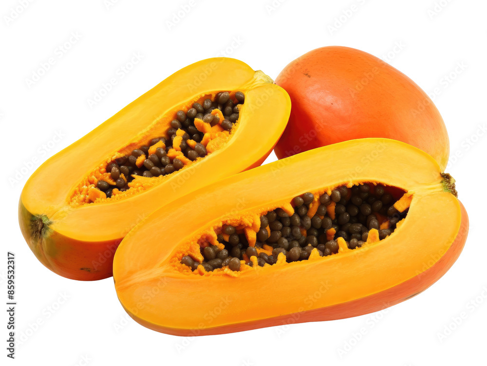 A halved papaya with visible seeds next to a whole papaya. The papaya is ripe and orange with a yellow flesh. The papaya is a tropical fruit. A halved papaya with visible seeds next to a whole papaya. The papaya is ripe and orange with a yellow flesh. The papaya is a tropical fruit.