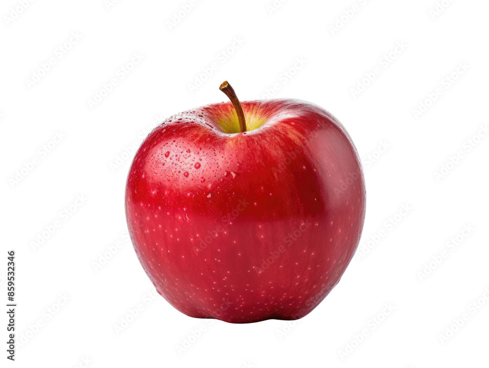 A single, ripe red apple with a glossy finish and a green stem. The apple is isolated on a white background. A single, ripe red apple with a glossy finish and a green stem. The apple is isolated on a white background.