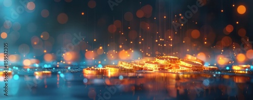 Abstract bokeh background with warm lights and cool blue reflections.