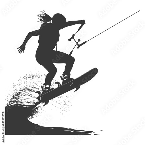 Kitesurfer Silhouette: Woman Mid-Air Jump, Water Spray, Action Sport.