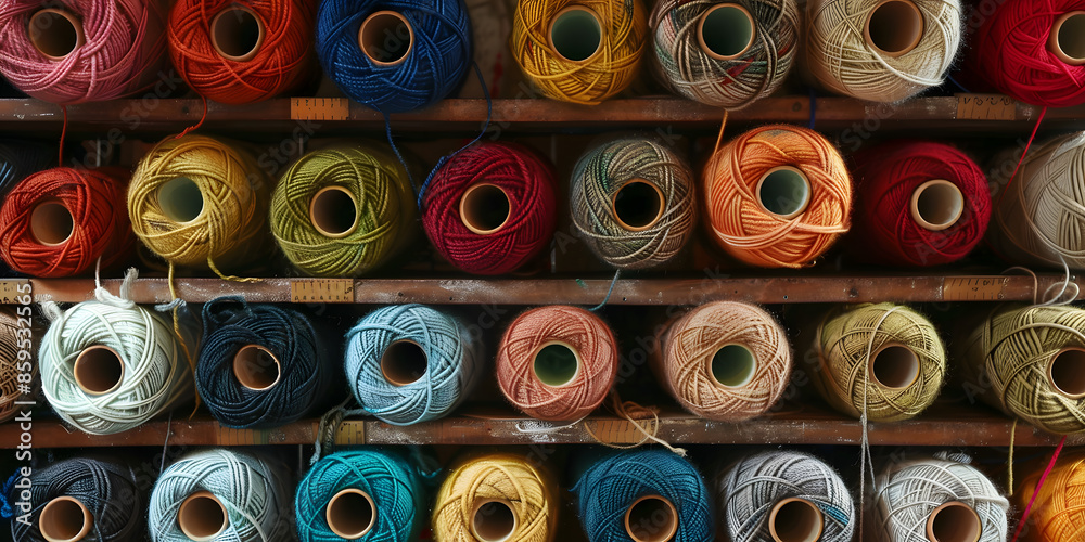 Fototapeta premium Colorful rolls of sewing thread in a box
