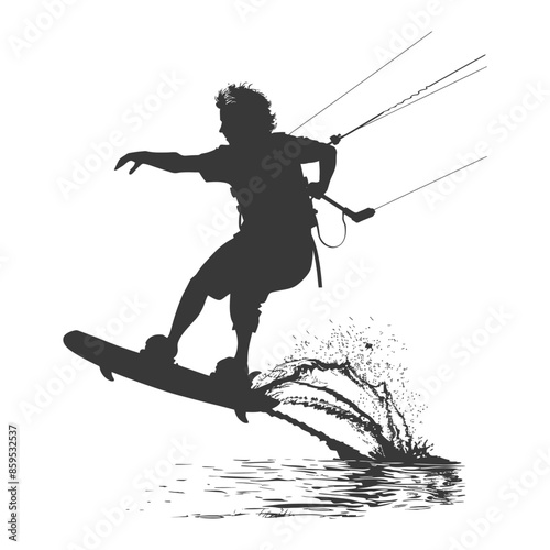 Kitesurfing Silhouette: Water Splash Jump, Extreme Sport Action.