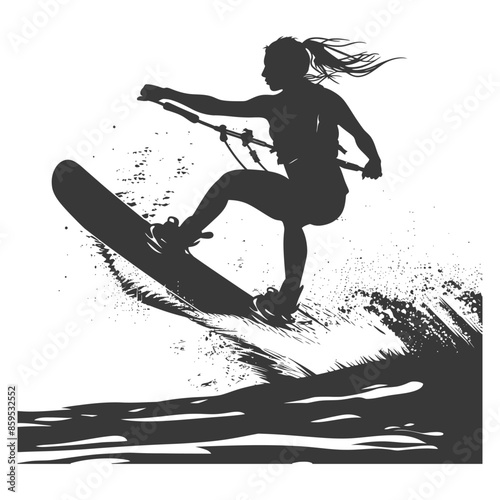 Wakeboarder Silhouette: Female Athlete in Action, Extreme Sport, Grunge Texture.