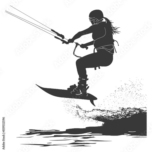 Kiteboarder Silhouette: High Jump, Water Spray, Dynamic Action Vector