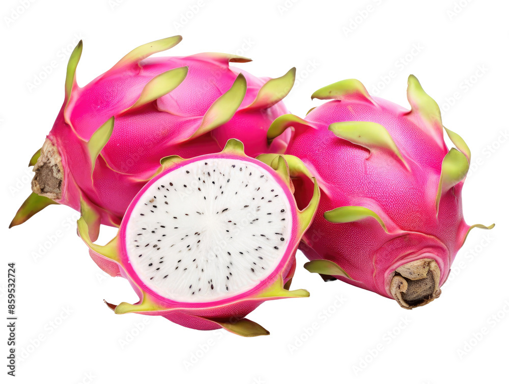 Two whole dragon fruits and one halved dragon fruit with white flesh and white seeds. Two whole dragon fruits and one halved dragon fruit with white flesh and white seeds.