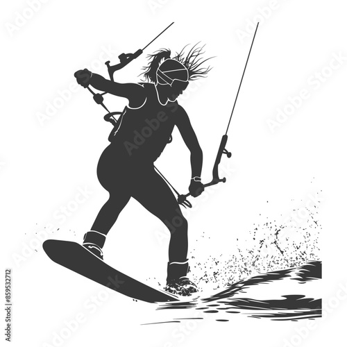Silhouette of a Female Kitesurfer, Water Spray, Action Sport.
