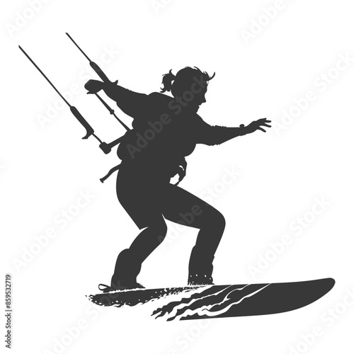 Silhouette of Female Kitesurfer: Aquatic Sport, Harness & Bar, Spray Trail.