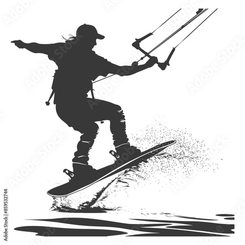 Kite Surfer Silhouette: Extreme Water Sport Action, Spraying Water, Wind-Driven Fun.