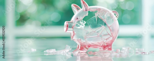 Broken glass piggy bank symbolizing financial trouble, savings loss, or economic crisis with blurred green background.
