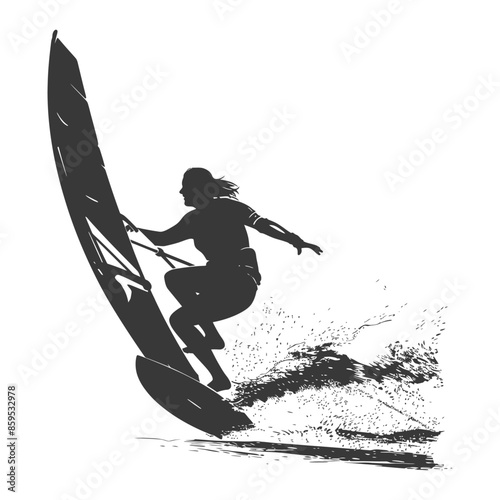 Windsurfer Silhouette: Extreme Sport, Spray, White Background, Power.