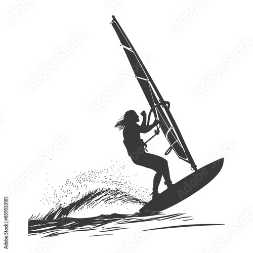 Silhouette Windsurfer Girl: Ocean Wave Spray Action.