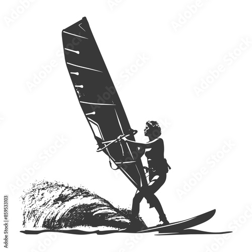 Silhouette Windsurfer: Woman Leaning into Wave, Single Tone Graphic