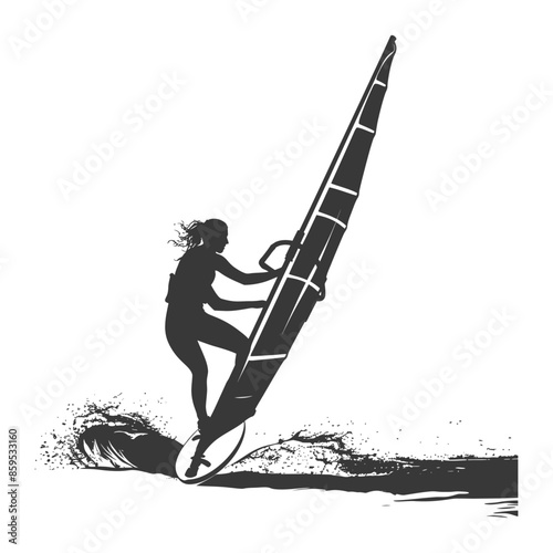 Windsurfer Silhouette: Woman Riding Wave, Vector Illustration
