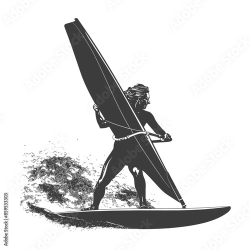 Windsurfer's Silhouette: Retro Water Sport Art with Textured Water Effect