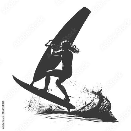 Windsurfer Silhouette: Woman Leaping with Spray, Black and White Graphic.