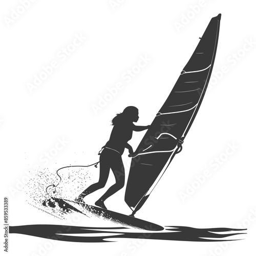 Silhouette Windsurfer: Woman Riding Wave, White Background, Vector Illustration