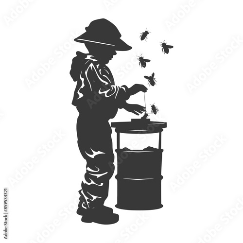 Silhouette: Young Beekeeper & Hive, Child Tending Bees, Black and White Vector.