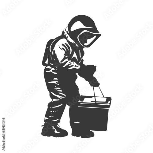 Silhouetted Hazmat Suit Figure Carrying a Bucket, Isolated Vector.