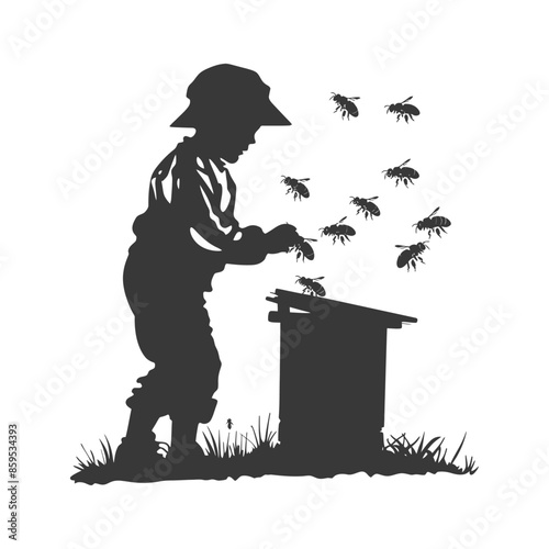Silhouette of Boy with Beehive: Honey Harvest.