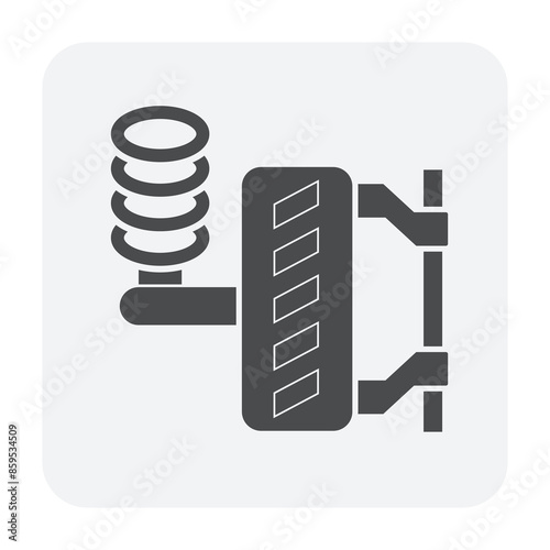 Wheel alignment check vector icon consist of auto car suspension, tyre, machine equipment tool. To adjustment camber, caster and toe by laser, gauge, mechanics. Vehicle service, repair, maintenance.