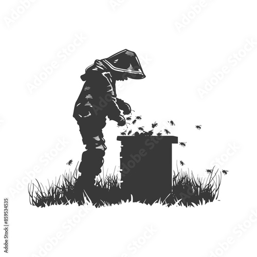 Beekeeper Child: Silhouette of Youngster Inspecting Beehive in Grassy Field.