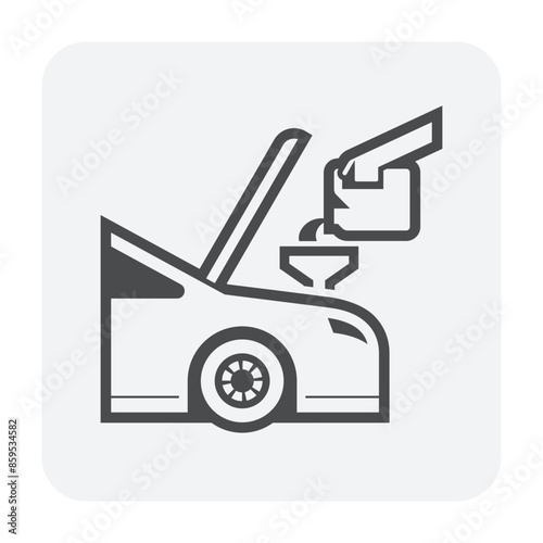 Automobile maintenance, service or check vector icon. To change, refill liquid in engine i.e. lubricant , coolant or flushing oil. Mechanic  pouring products from gallon for clean and lubrication.