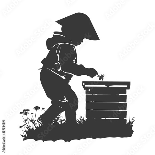 Silhouette: Child Beekeeper Inspecting Hive in Flower Patch, Isolated.