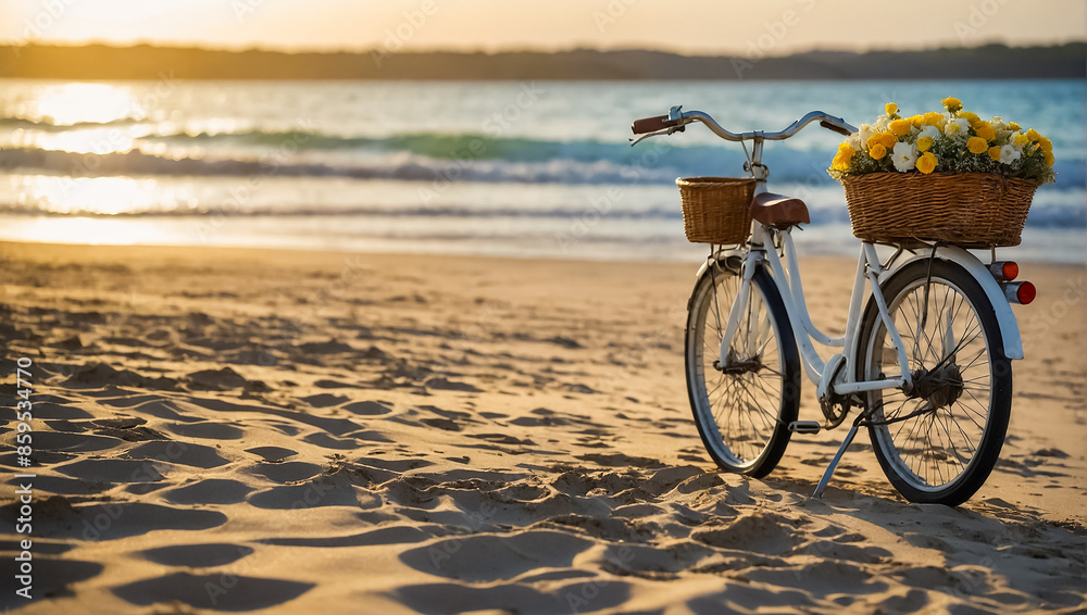 Fototapeta premium Beautiful retro bicycle with a basket of flowers at the sea