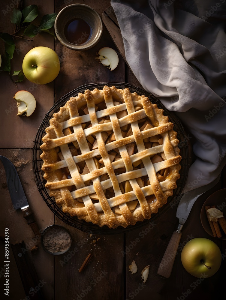 Homemade apple pie with lattice crust on a rustic table. Homemade apple pie with lattice crust on a rustic table.