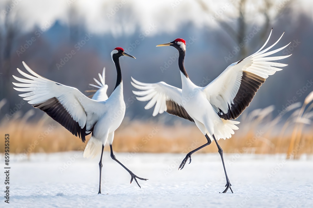 Obraz premium Two Red-Crowned Cranes Dancing In The Snow In Hokkaido, Japan.