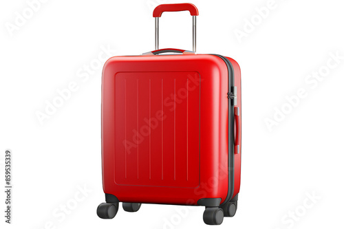 Red plastic suitcase on wheels on a transparent background