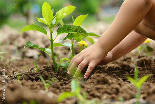 Child's hands planting a young plant in fertile garden soil