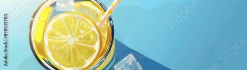 Glass of lemonade with ice cubes and a straw flat design, top view, refreshing theme, cartoon drawing, colored pastel, copy space for text,