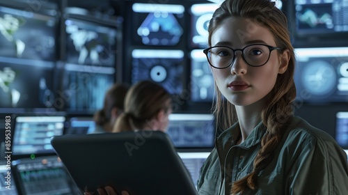 A young female government employee, wearing glasses, uses a tablet in a system control center. In the background, her coworkers are at their workspaces, with multiple displays showing valuable data.